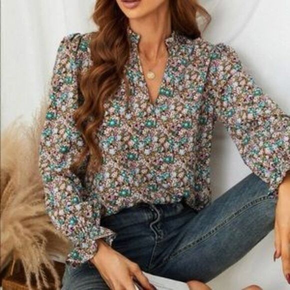 Boho Blue Pink Floral Ruffle Puff Sleeve Top - Picture 8 of 12